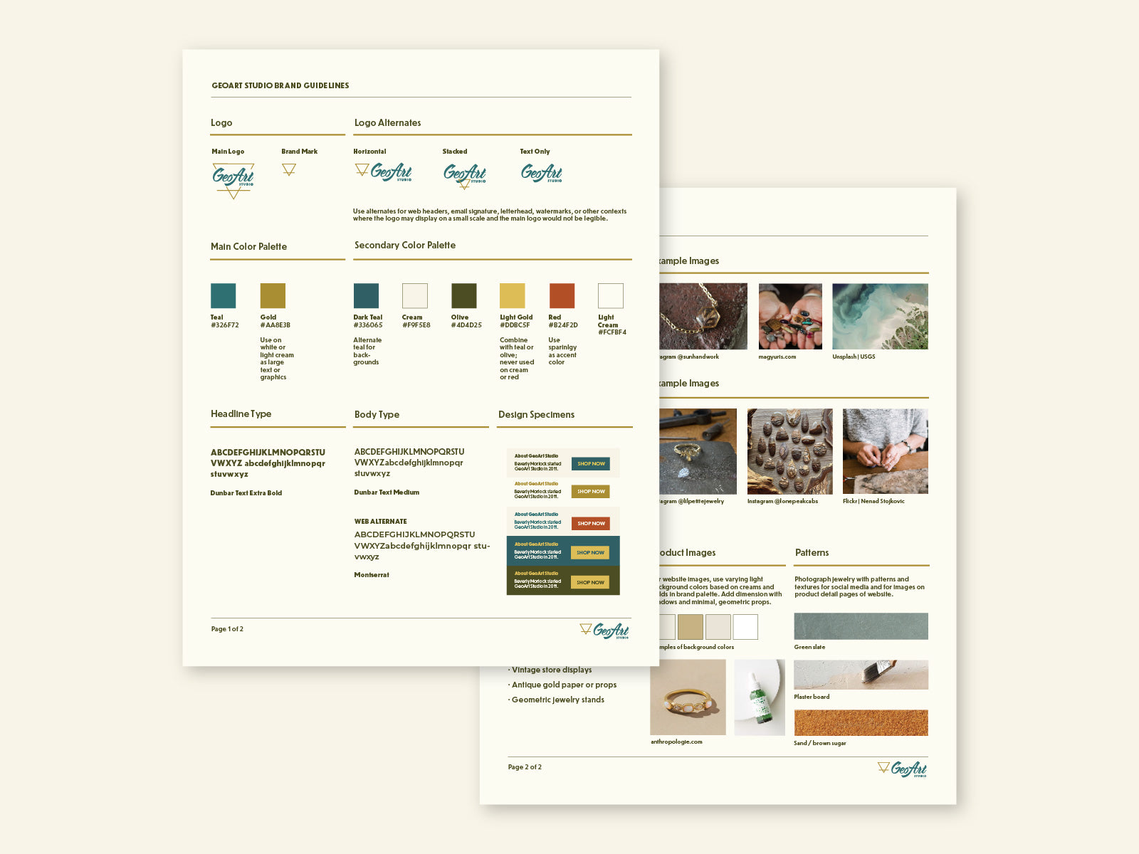Two-page brand guidelines for GeoArt Studio with color palettes and typeface selections