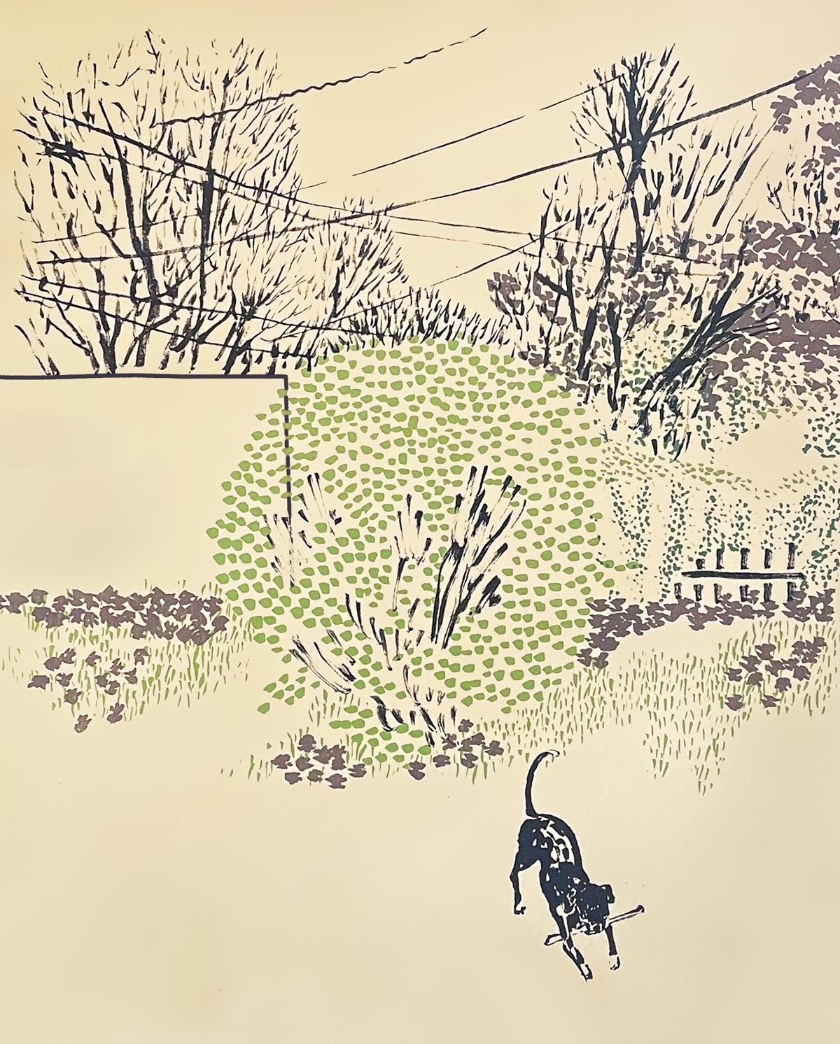 A lithograph of a dog chewing a stick in a backyard filled with trees and power lines