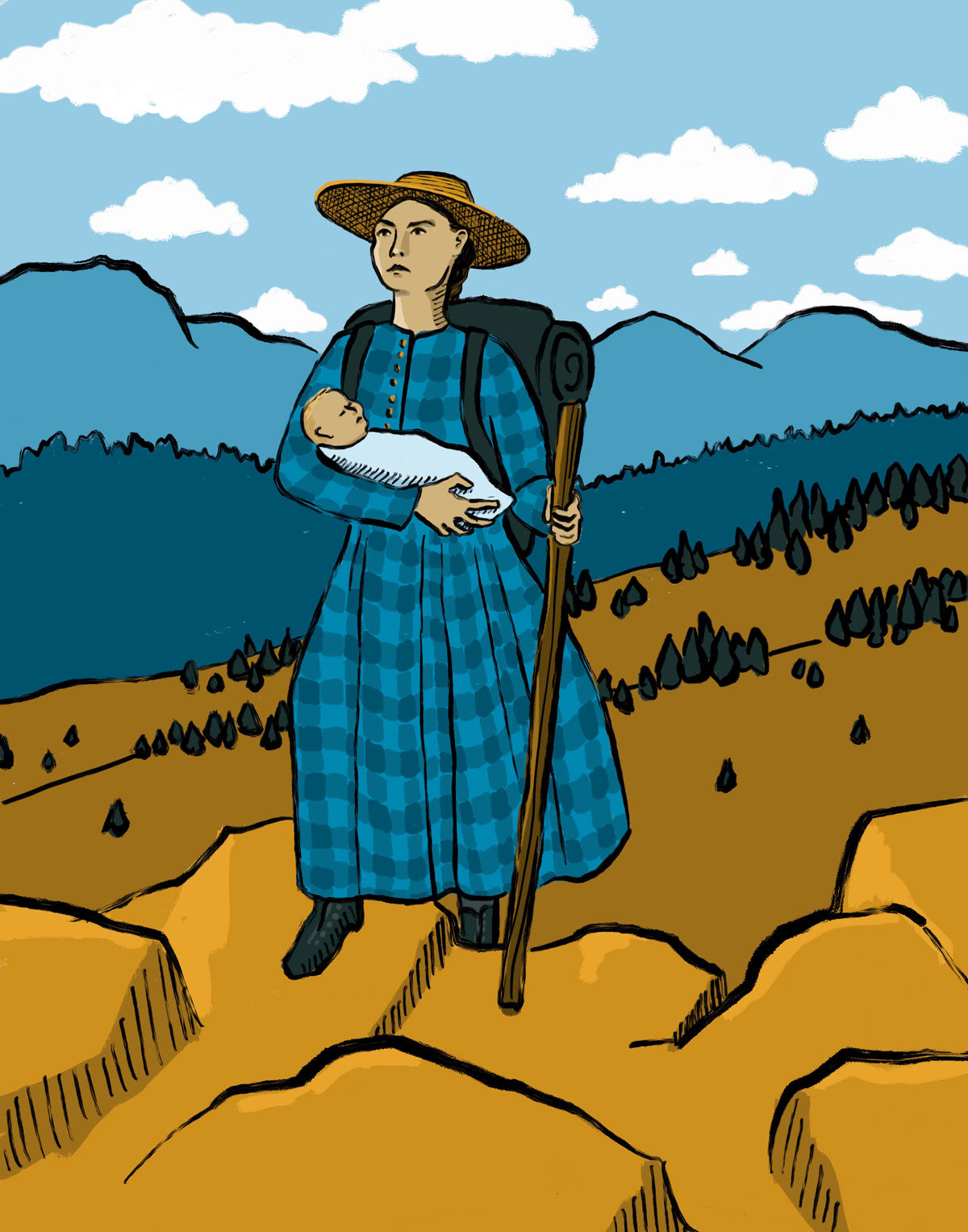 An illustration of a woman in the 1800s wearing a plaid dress and carrying a baby while hiking in the mountains