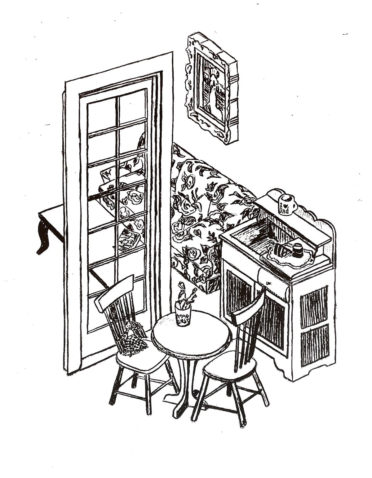 A lithograph black-and-white drawing of a collection of dollhouse furniture drawn in isometric style