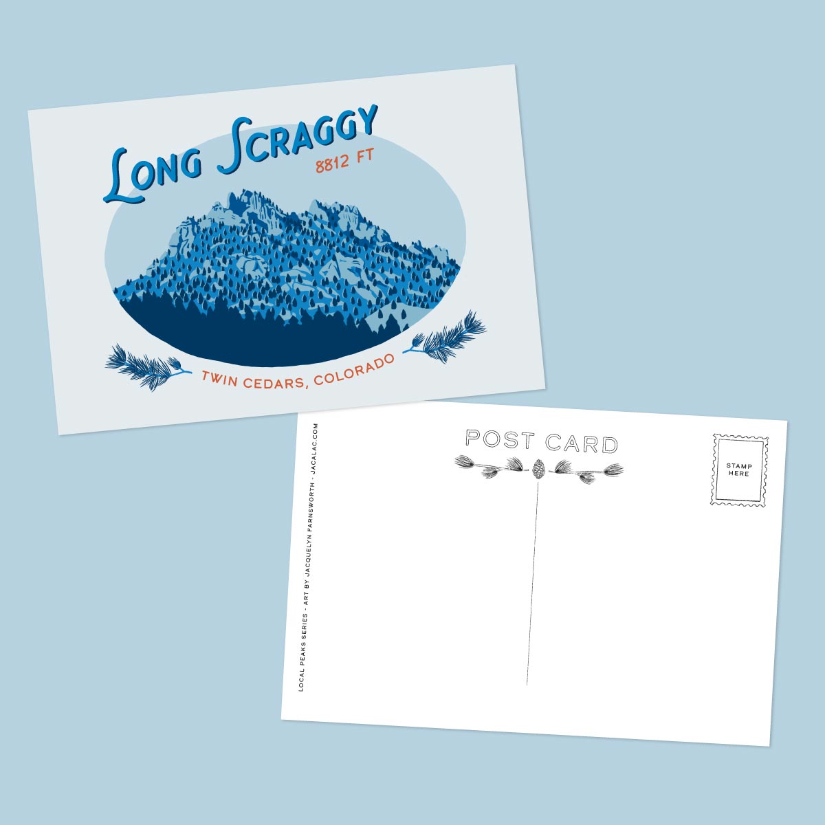 Postcard design with Long Scraggy Peak and vintage-style back