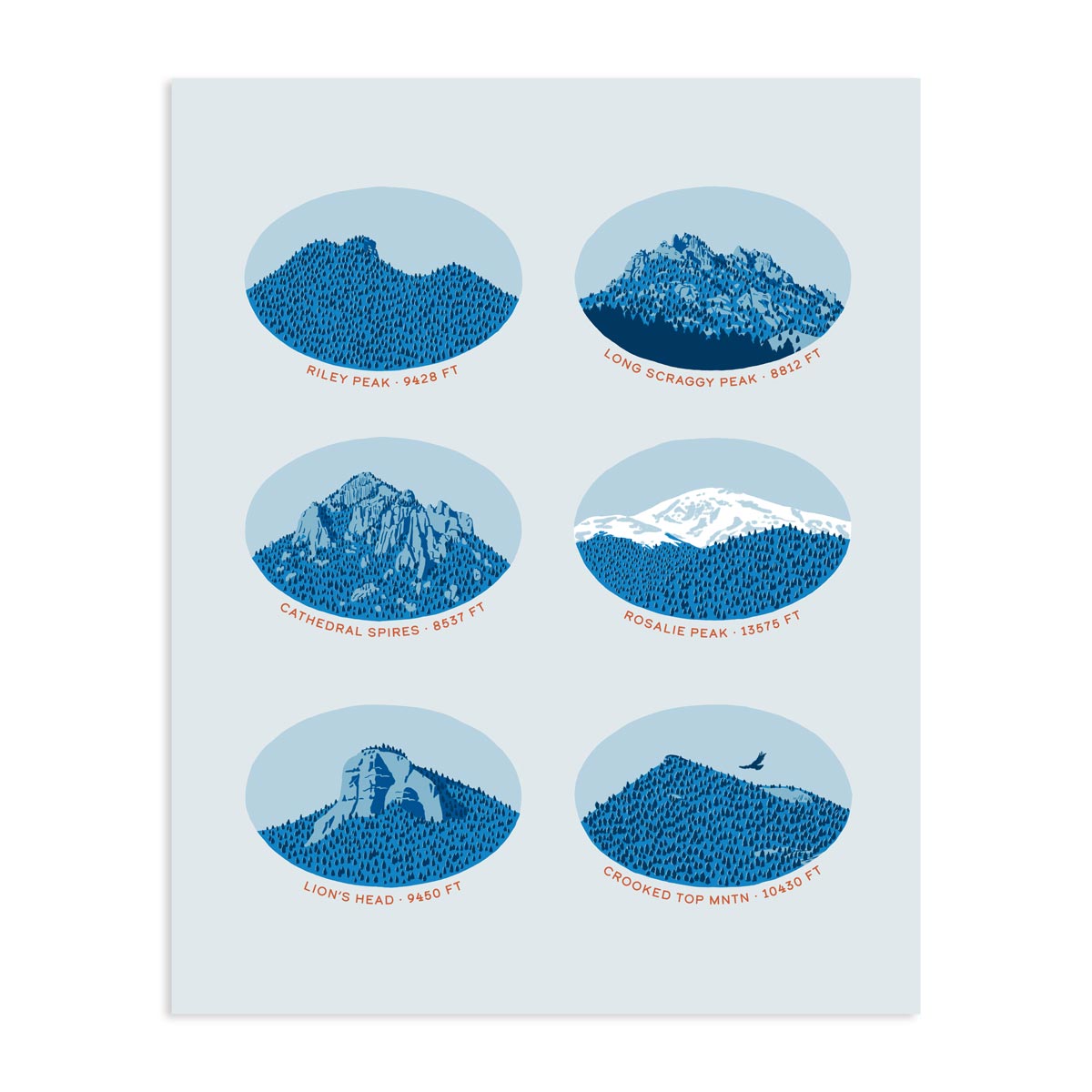 A print with six illustrations of Colorado mountains, including Riley Peak, Cathedral Spires, Long Scraggy, Rosalie Peak, Lion's Head, and Crooked Top
