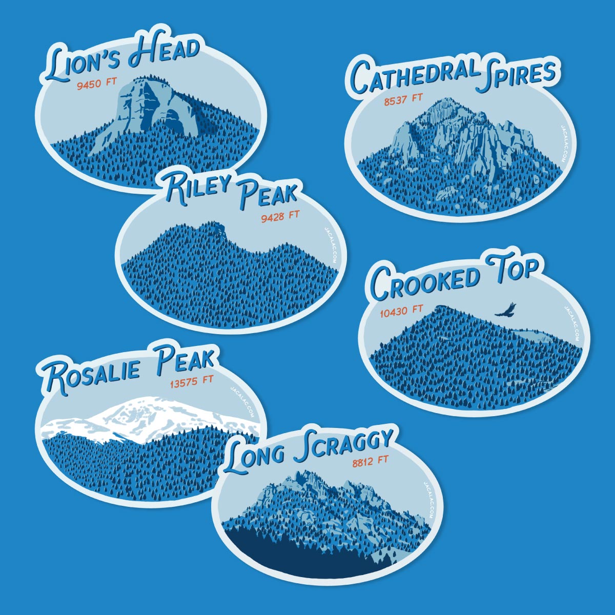 Sticker designs with blue mountain peaks and vintage-style typography