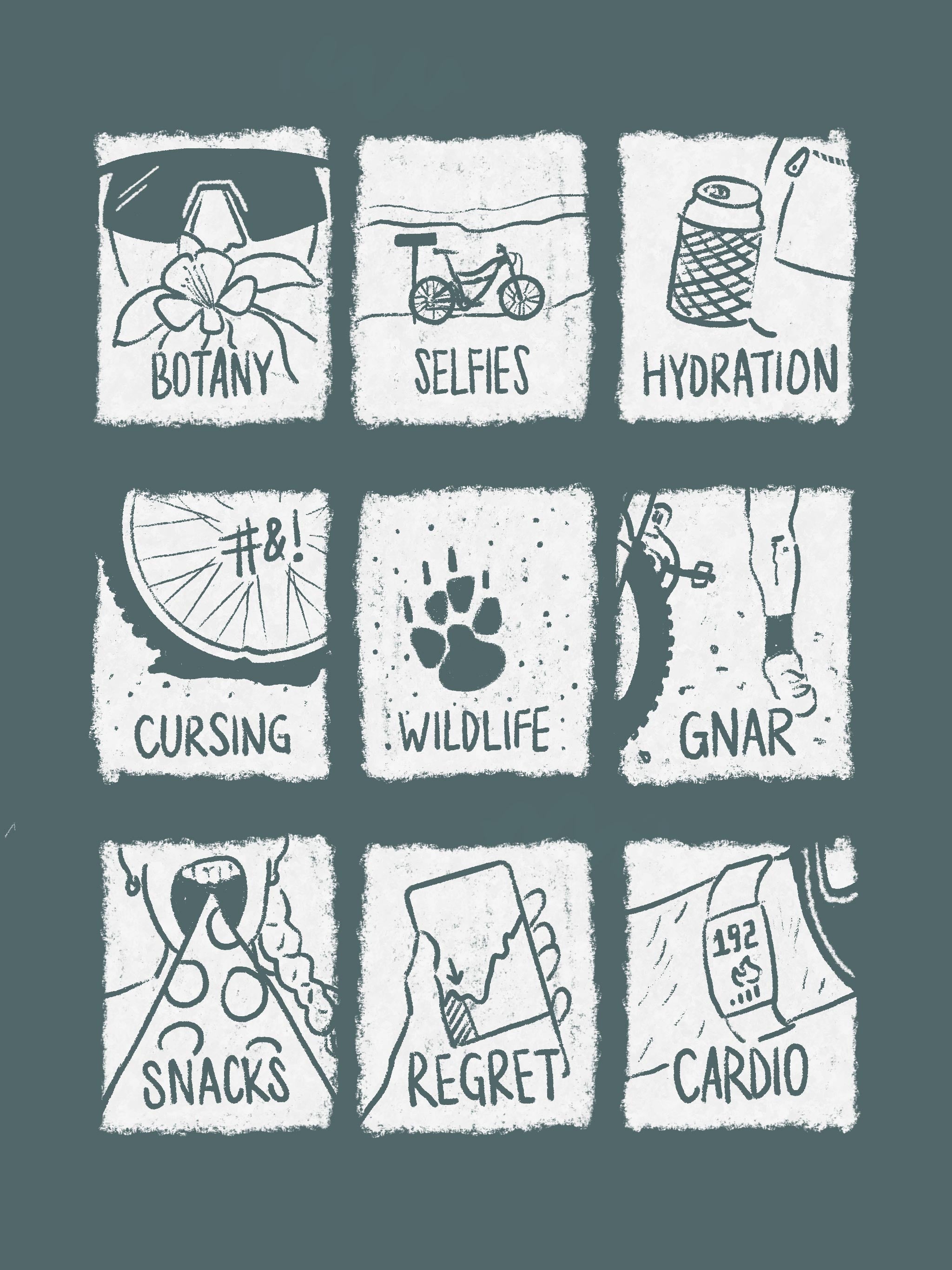 An illustration with a grid of 9 images showing the female mountain biking experience