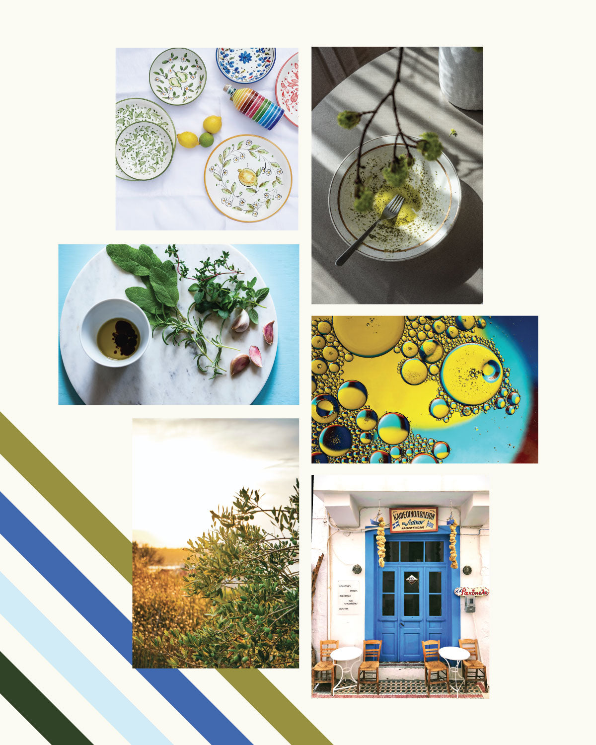 A collection of Greek-inspired images from Unsplash with stripes showing the Olea color palette