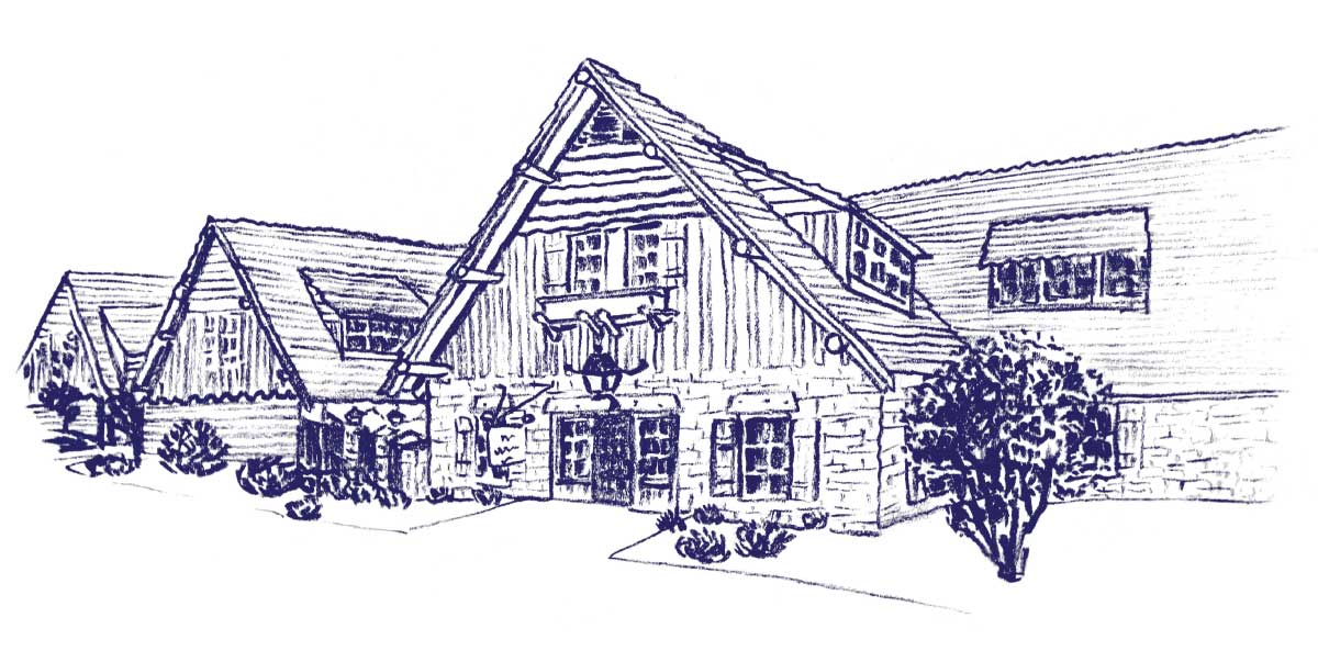 A hand-drawn illustration of Pere Marquette Lodge in Grafton Illinois