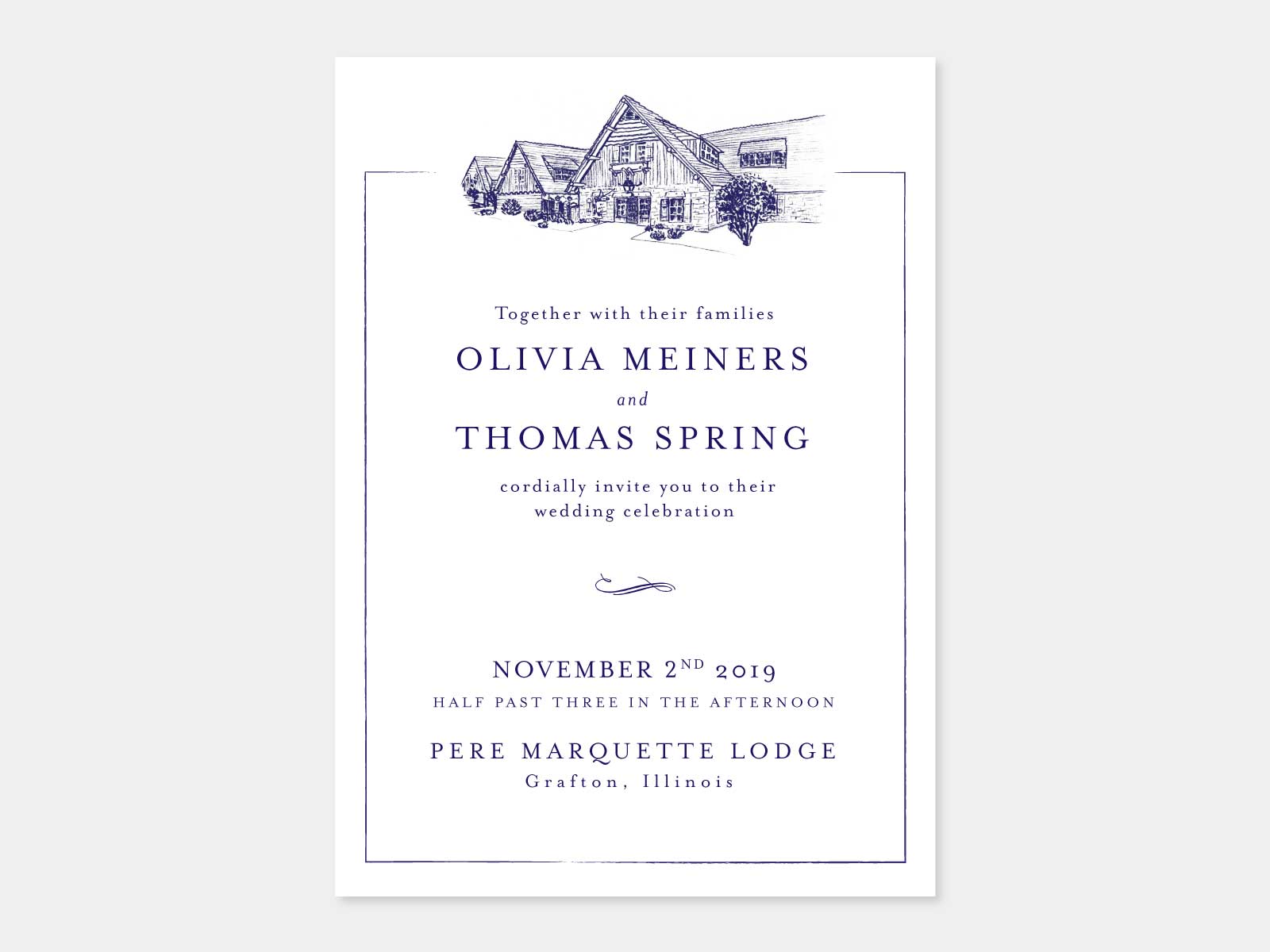 Wedding invitation with illustration of wedding venue