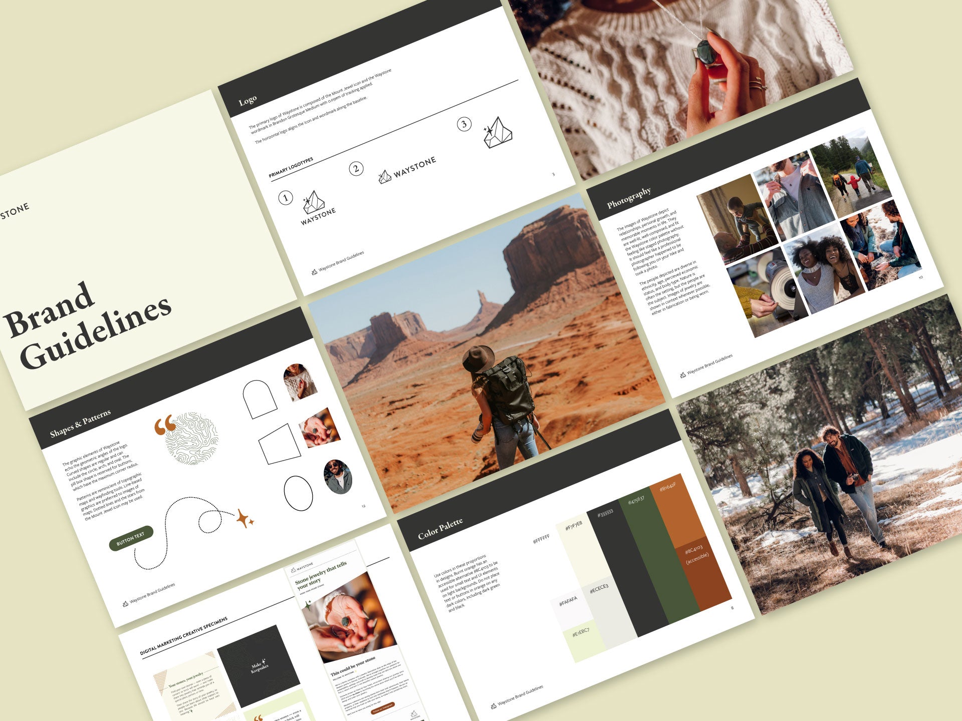 Nine pages from Waystone's brand guidelines showing the logo, shapes and patterns, color palette, and photography direction