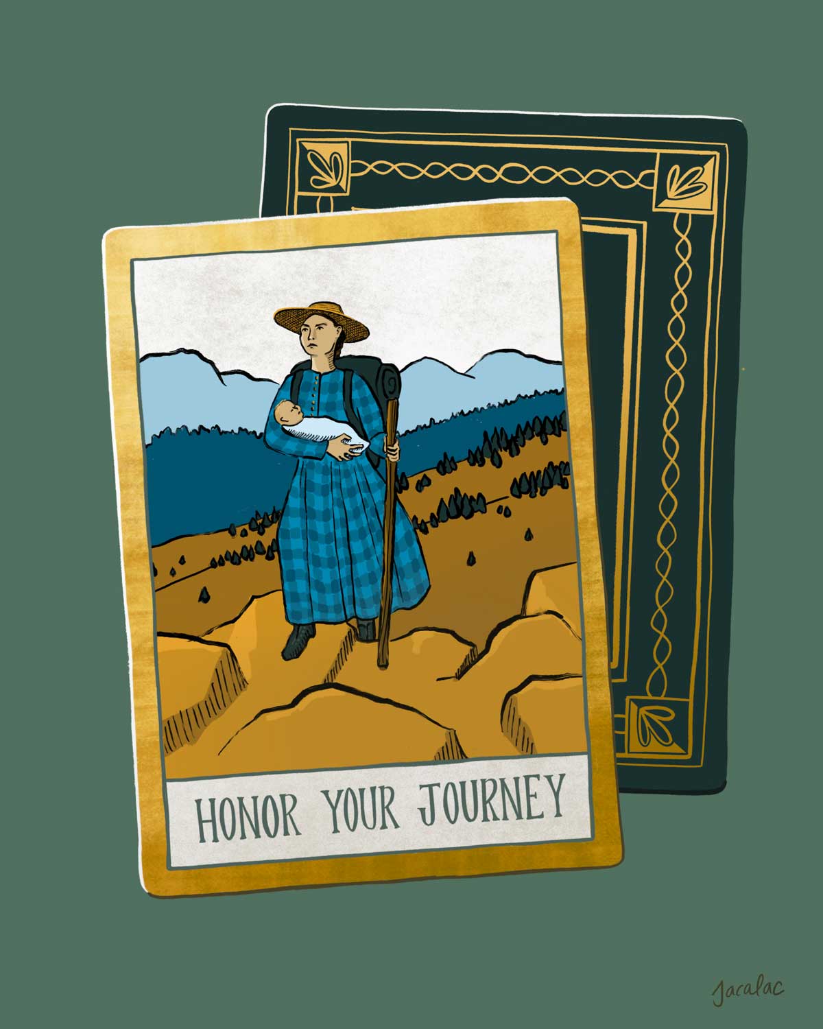 An illustrated mockup of an oracle card with a drawing of a woman in the 1800s wearing a plaid dress and carrying a baby while hiking in the mountains. The card reads, "Honor Your Journey."