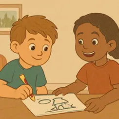 Indoor Games: Children adding to drawing relay indoors