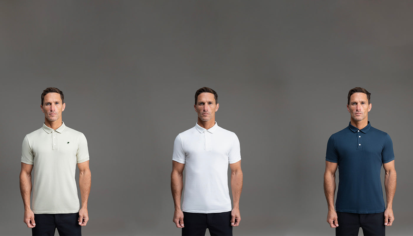 Three images of the same man modeling different colored polo shirts.