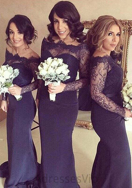 Off-The-Shoulder Sheath/Column Sweep Train Elastic Satin Bridesmaid Dresses With Lace Rylie HCP0025513