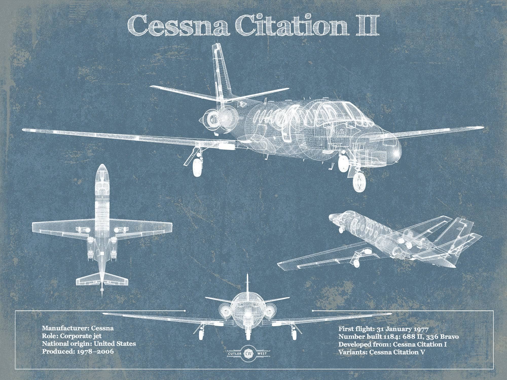 Cessna Citation Cj4 Vintage Blueprint Airplane Print Cutler West