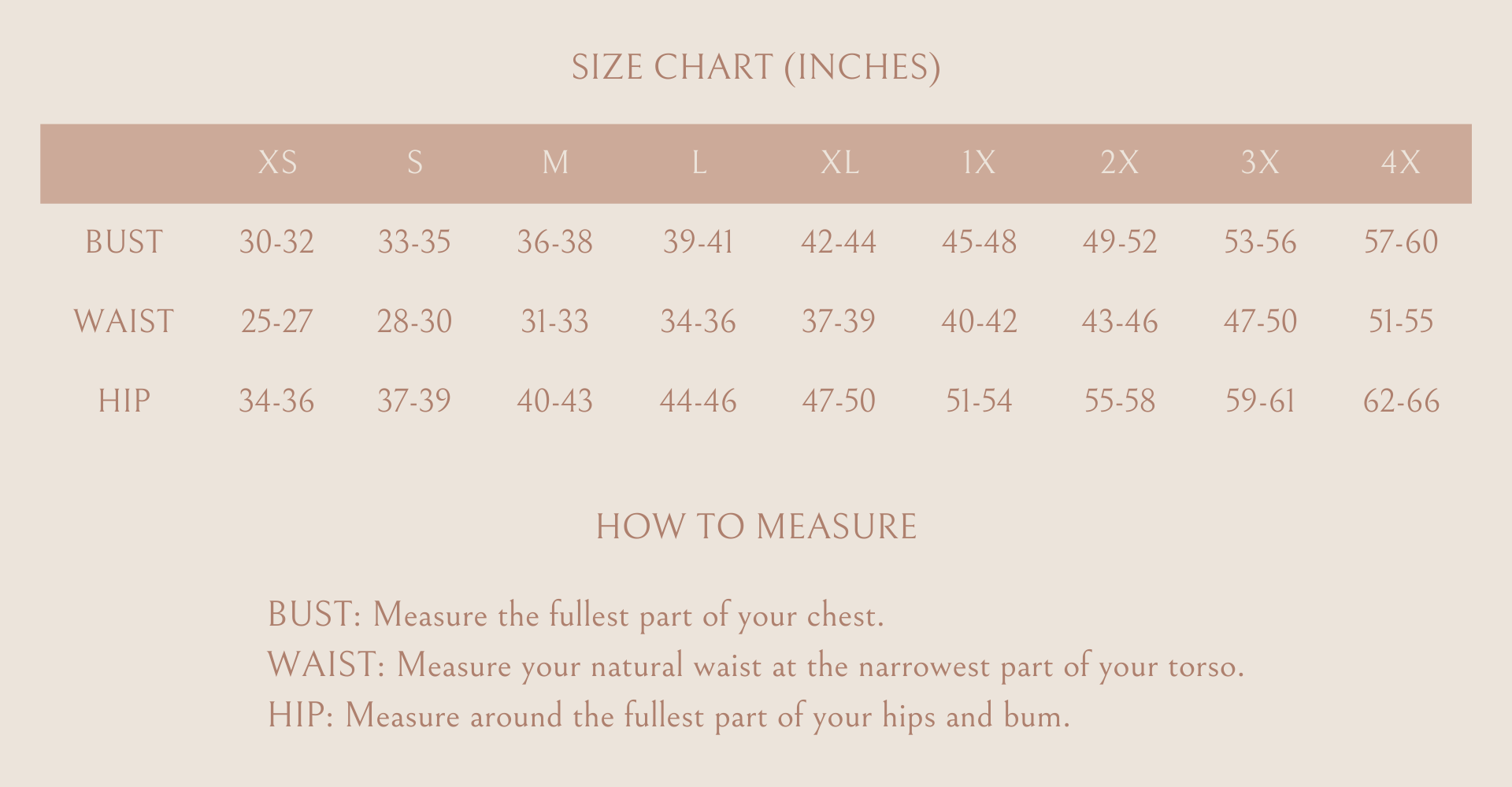 Size Chart Inches