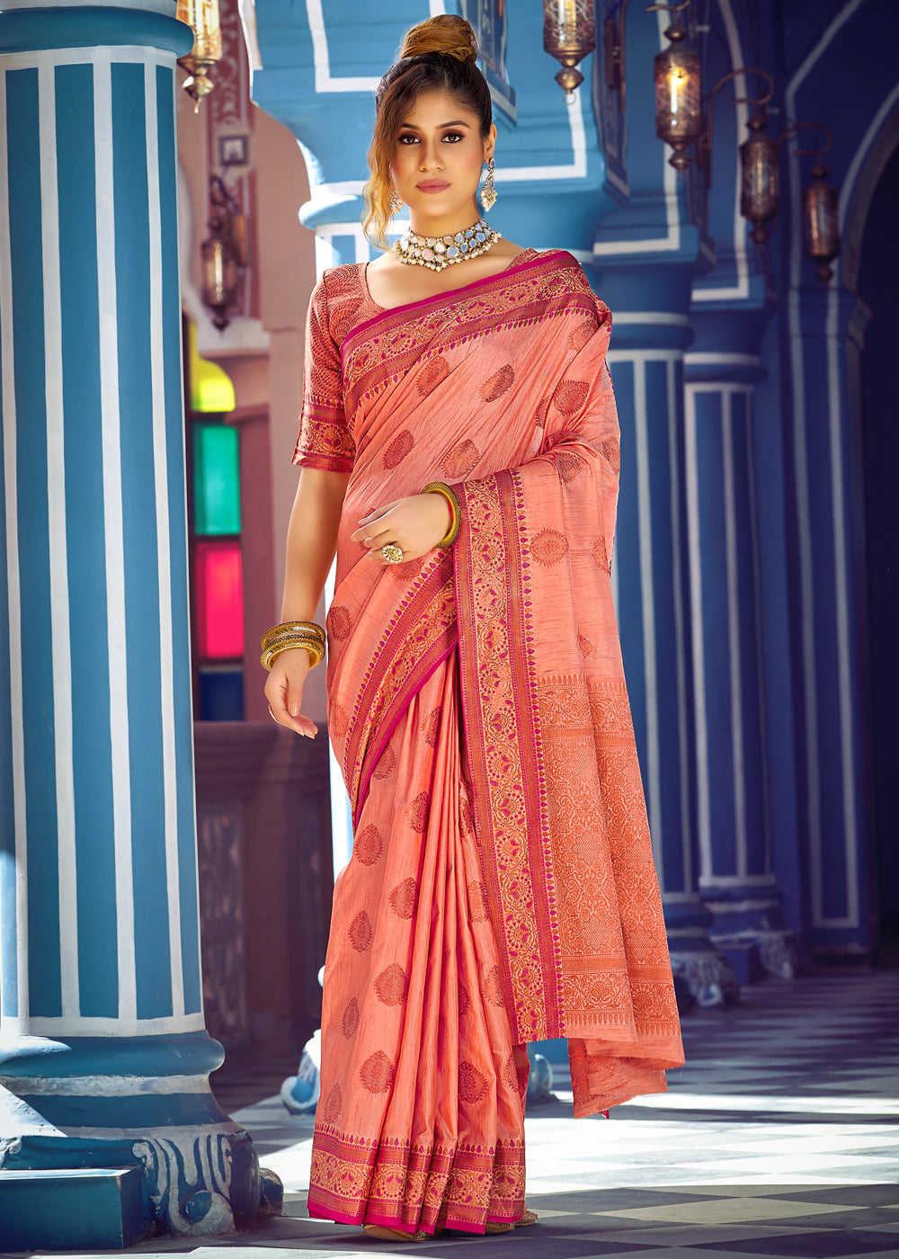 Gajari Peach Woven Satin Silk Saree With Contrast Brocade Blouse – Zari  Banaras