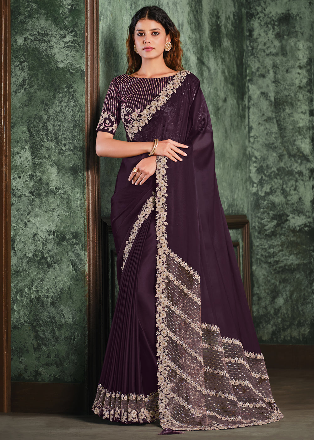 SOFT LAVENDER PURPLE GEORGETTE SILK DESIGNER SAREE WITH