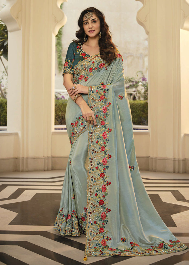 FABIAN FASHION Women's Floral Light Blue Colour Satin Saree with Unstitched  Blouse Piece (FBN_looknbook_8081_Light Blue) : : Fashion