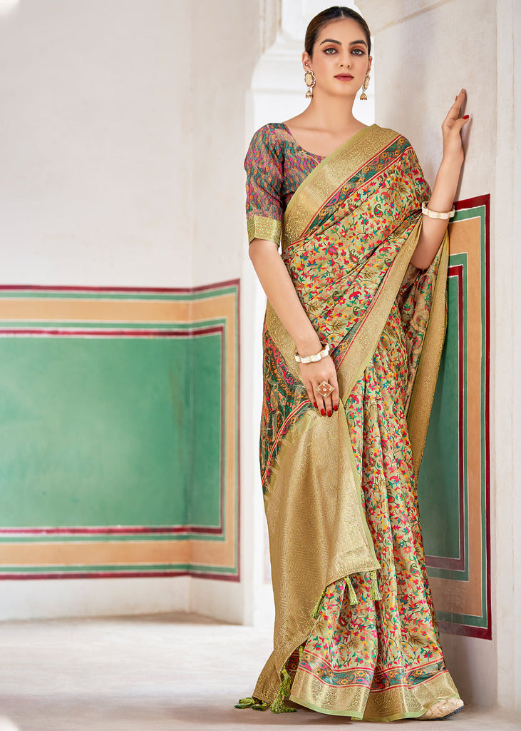 Lily Green Woven Banarasi Cotton Silk Saree With Digital Print