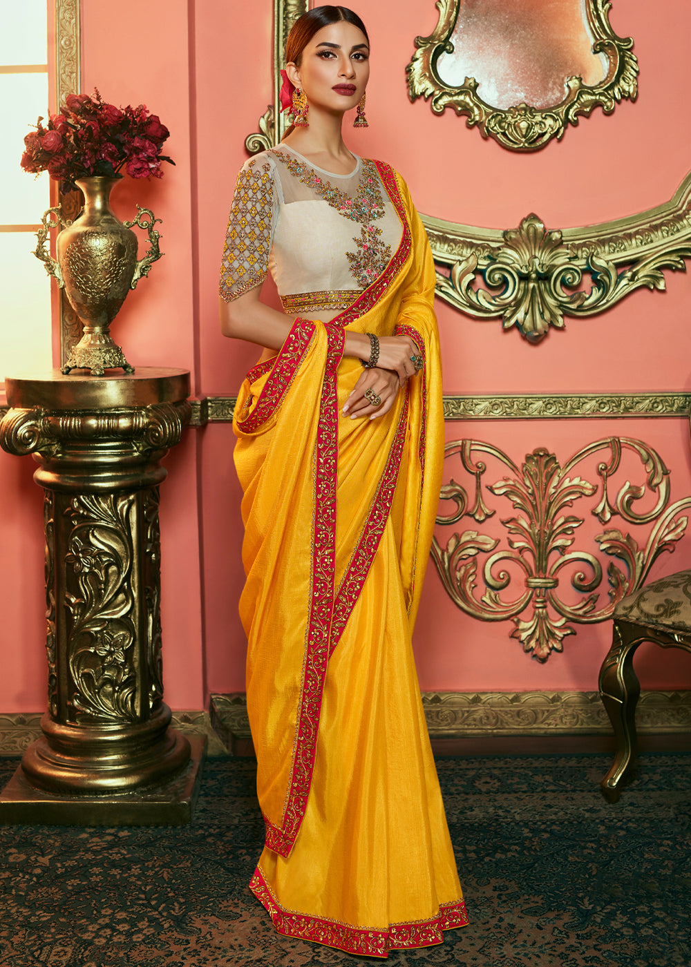 Yellow silk saree with blouse 3404