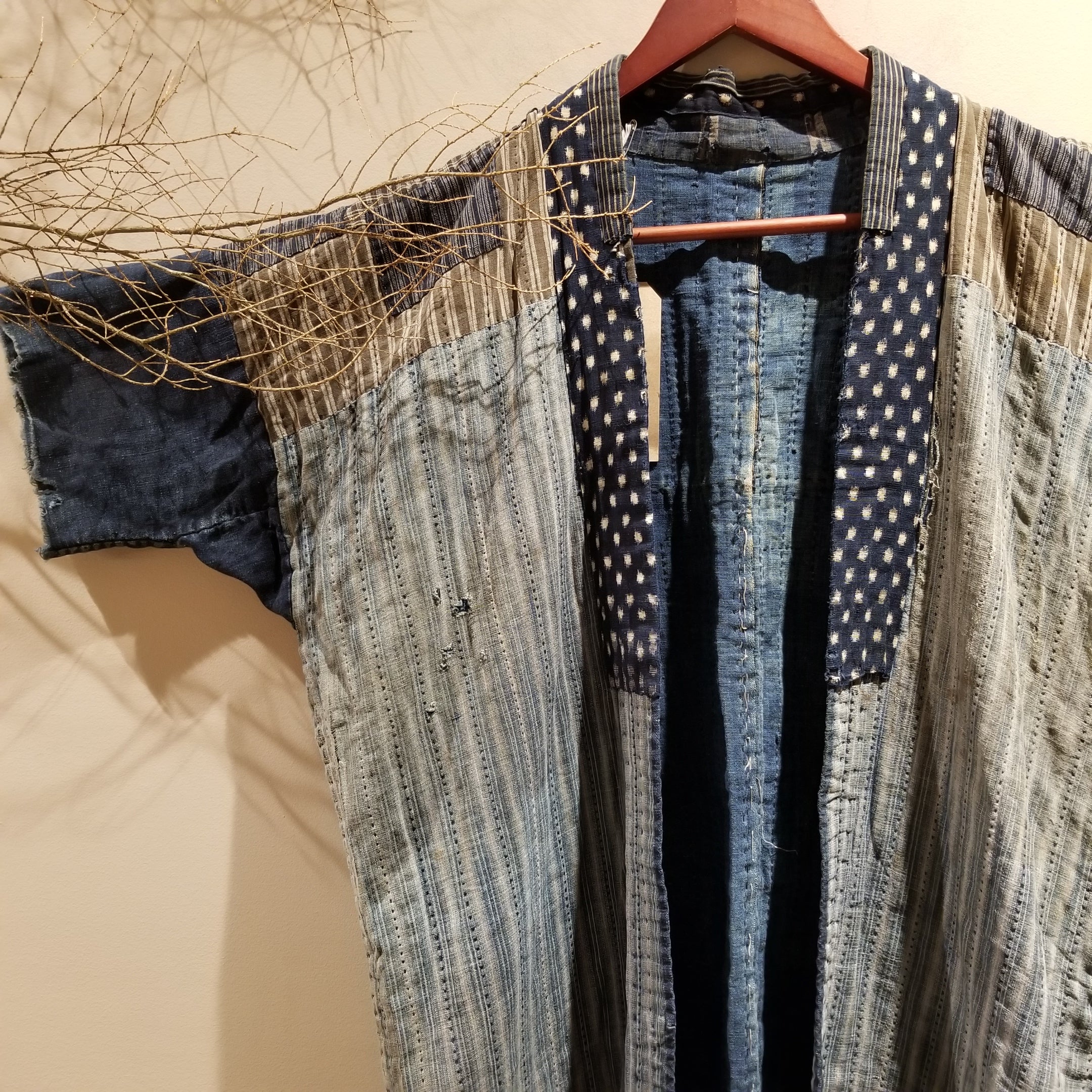 Early Century Indigo Boro Shima Sashiko Patchwork Noragi - Siamurai