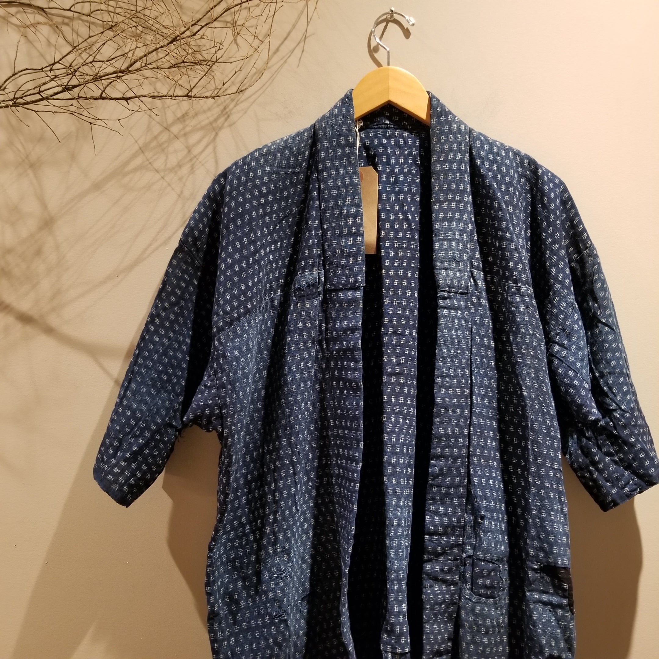 Faded Boro Sashiko Kasuri Ikat Indigo Long Noragi - Siamurai