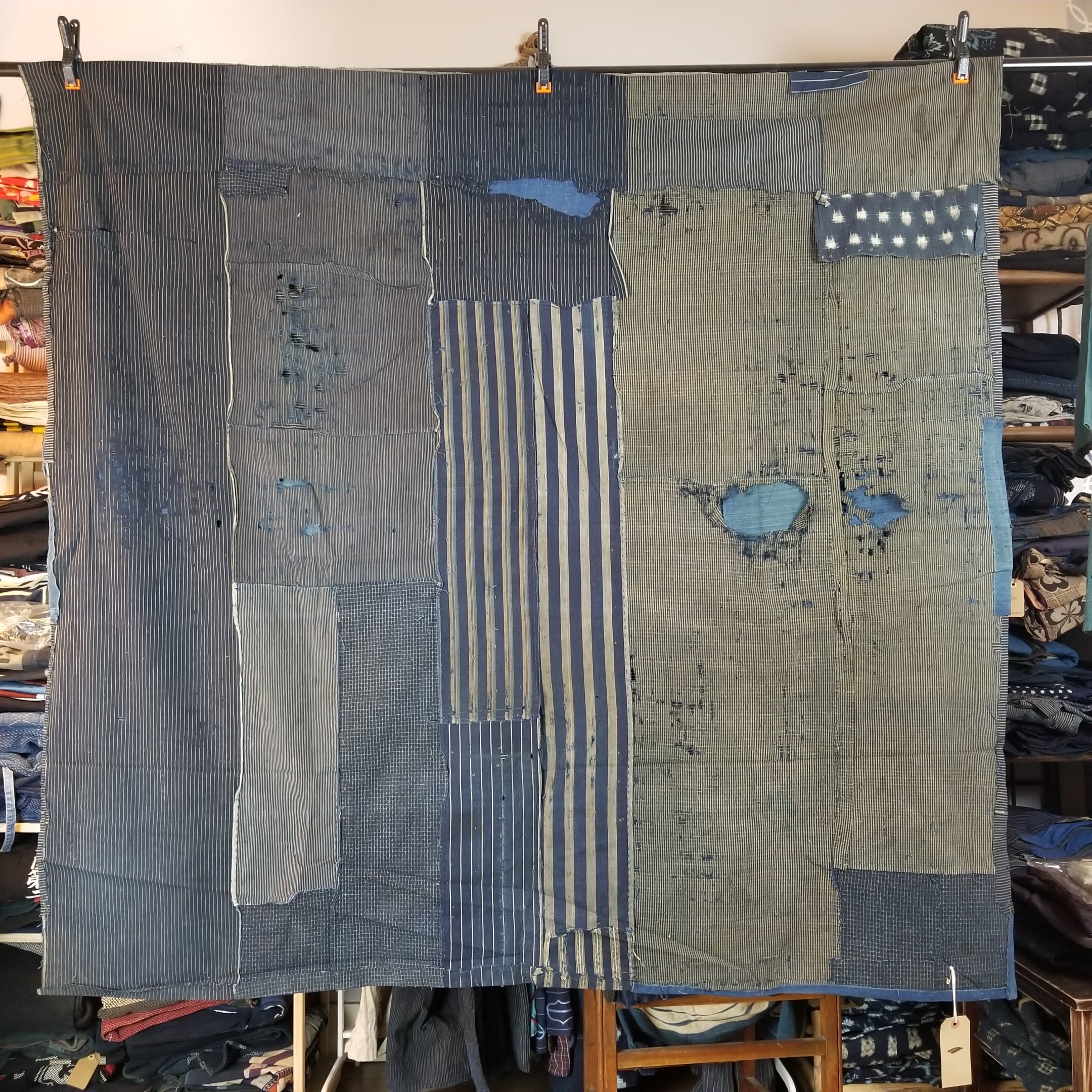 Vintage Aizome Indigo Shima Patchwork Fabric Futon Cover 161 x 152cm ...