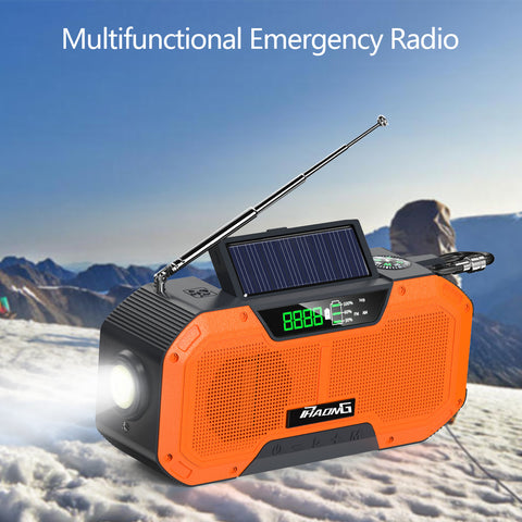 Orange emergency solar powered radio flashlight compass keeps you informed when in a survival situation includes power slots for cell phone charging