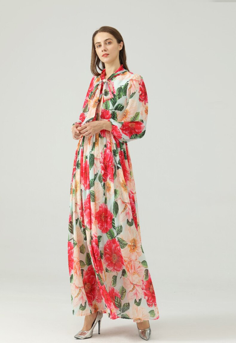 Lace Up Bow Collar Long Sleeves Floral Printed Maxi Dress