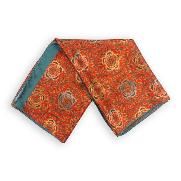 Foulard Floral Silk Scarf in Blue, Red, Amber