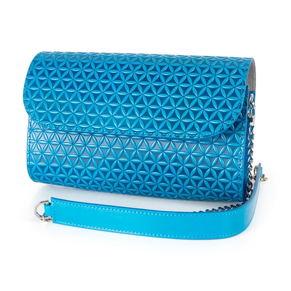 Small blue shoulder bag with metal and leather strap