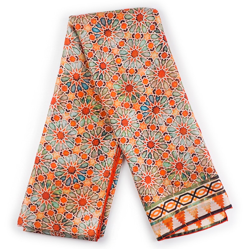 Orange Silk Scarf with Geometric Print Zellige - Munira, Unique Scarfs ...