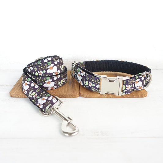 Black Floral Dog Bow Collar Leash Set