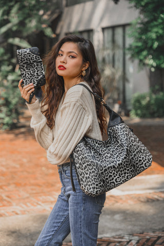 LAVAWA Concealed Carry Leopard Pattern Studs Hobo Wallet Shoulder Handbag Purse Set 2pcs, Black