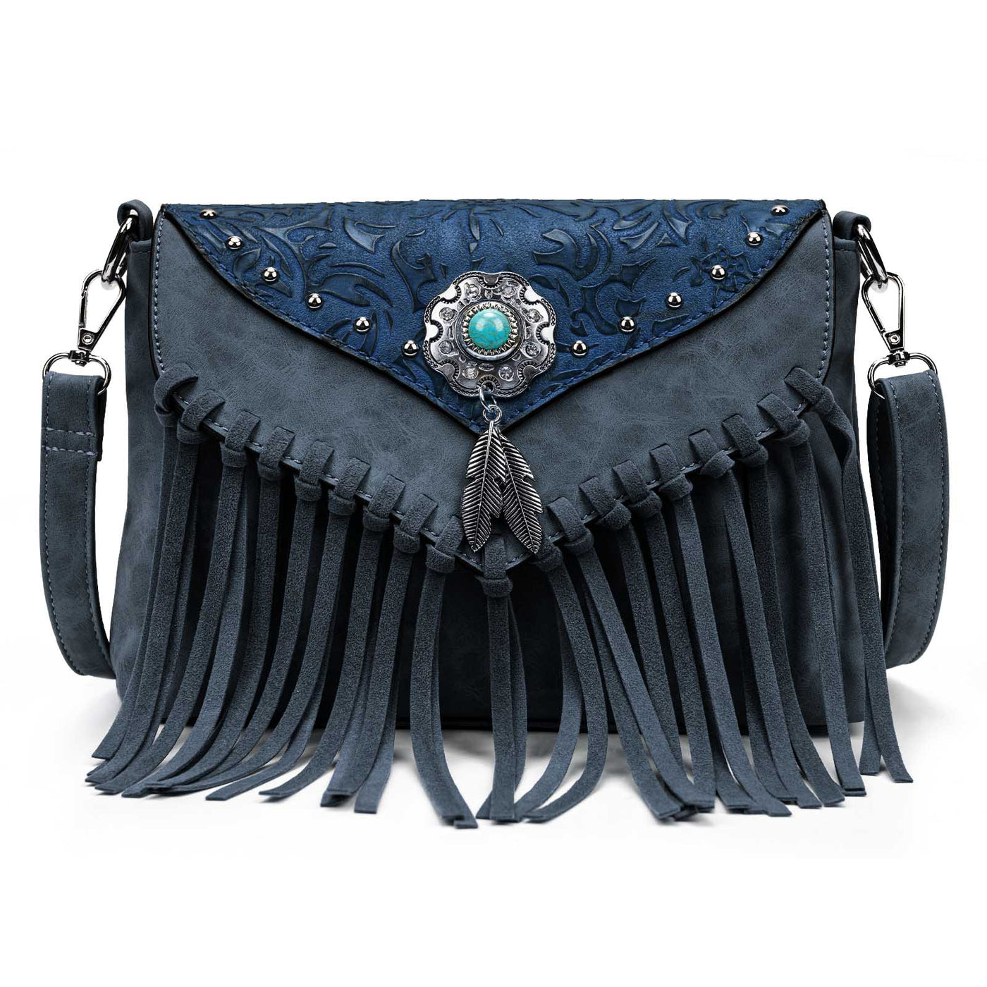 Lavawa Embossed Turquoise Concho Fringe Studded Crossbody Bag Handbag ...