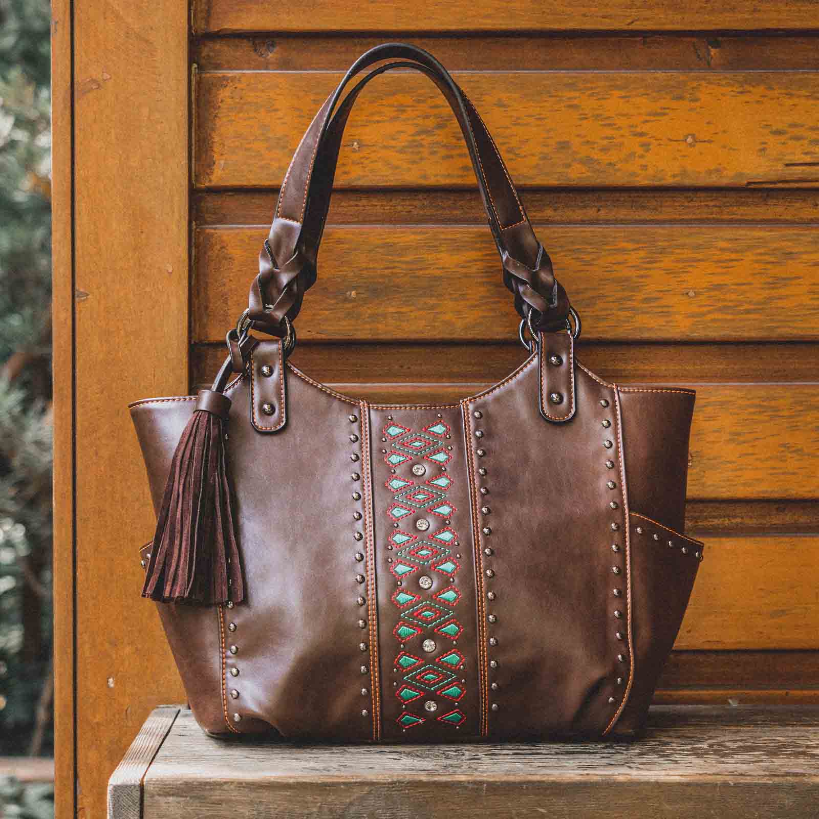 Lavawa Concealed Carry Embroidered Rhinestone Fringe Studs Tote Handbag ...