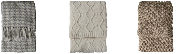 Chunky Knitted Throws: Lilian Houndstooth Kilburn & Scott Throw in Grey Cream H130 x W170 x D1 cm. Chenille Knit Cable Kilburn & Scott Throw in Cream, H130 x W170 x D1 cm.  Lou Chunky Knit Kilburn & Scott Throw in Oatmeal Brown, H130 x W170 x D1 cm. 