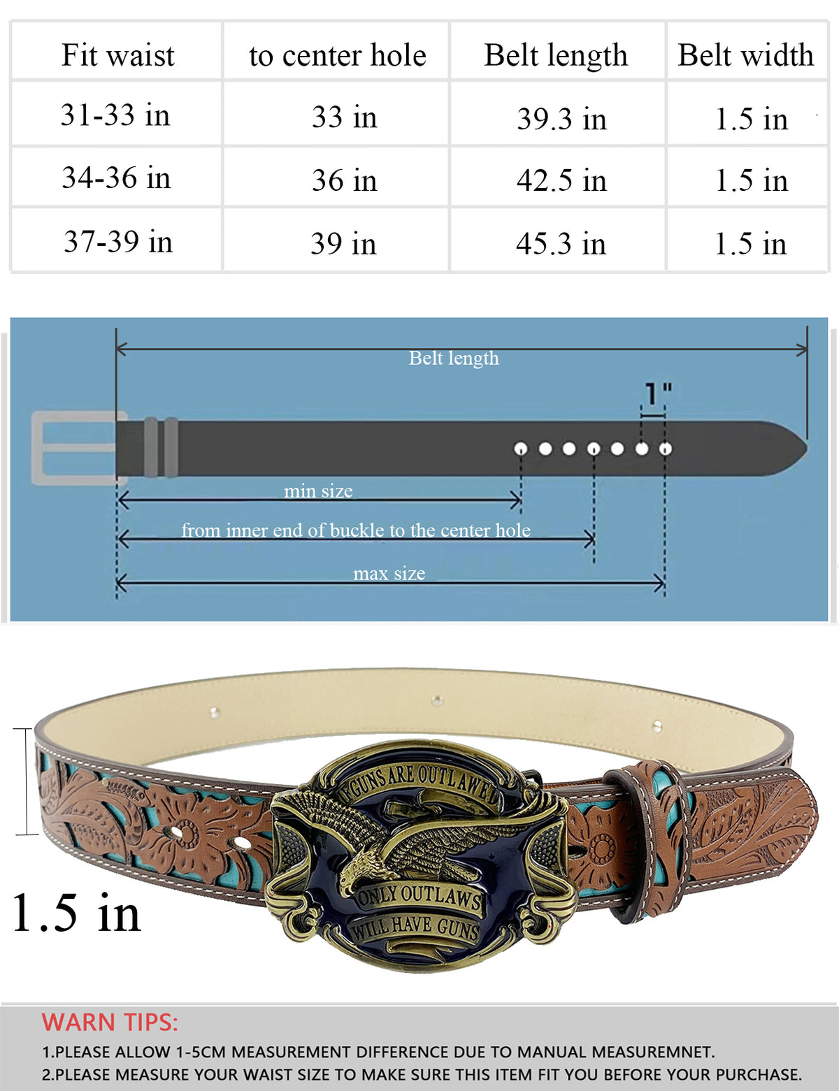 Topacc Western Turquoise Belts - Buckle with Block Goats(Free 1 Rhinestone Pin Buckle) / Fit waist:32-36in(81-91cm)