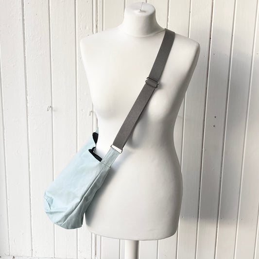 small grey with pale blue strap oilskin bucket bag – vanessa bullick  ceramics & textiles