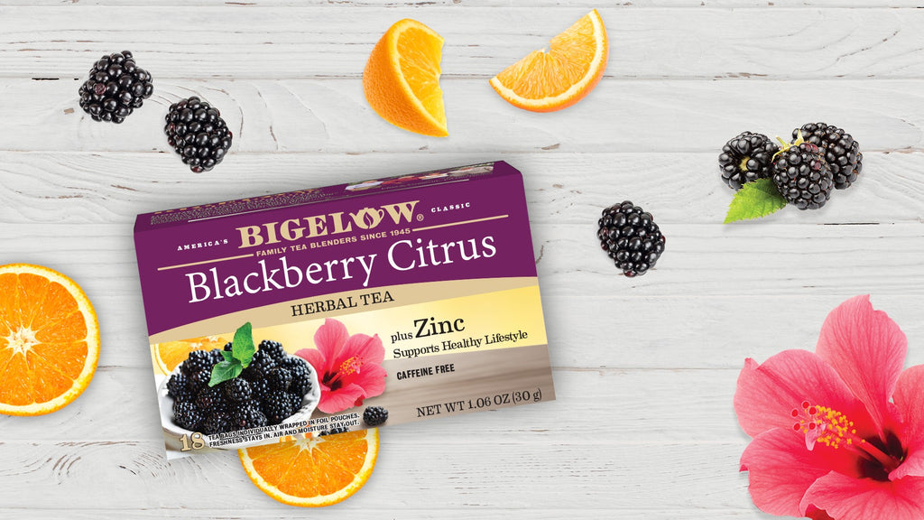 Bigelow Blackberry Citrus Plus Zinc Herbal Tea with display of ingredients