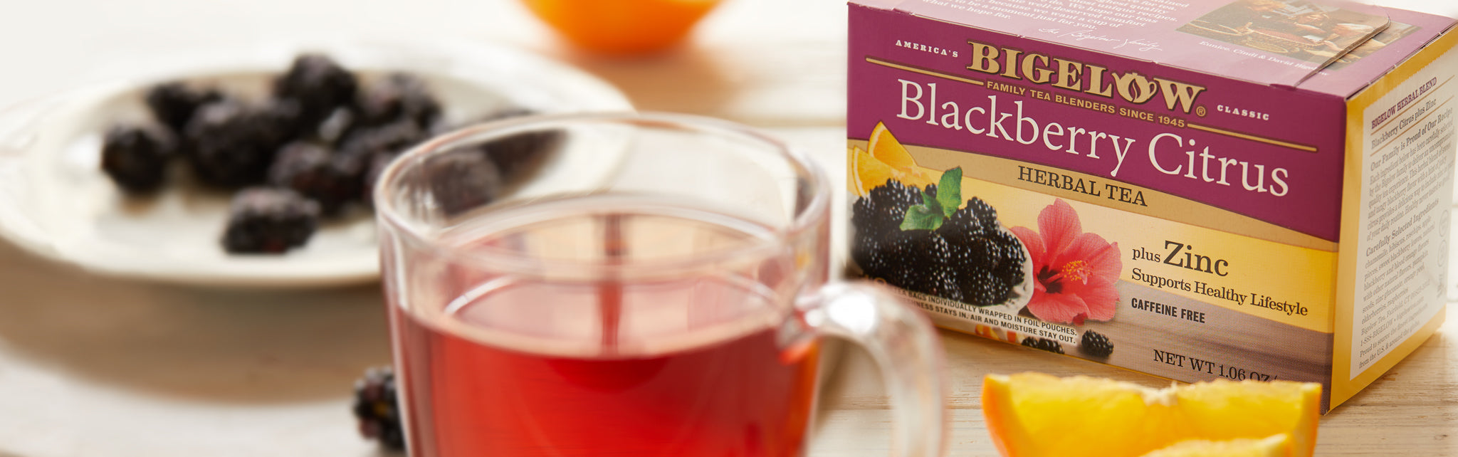 Cup and package of Bigelow Blackberry Citrus with Zinc Herbal Tea