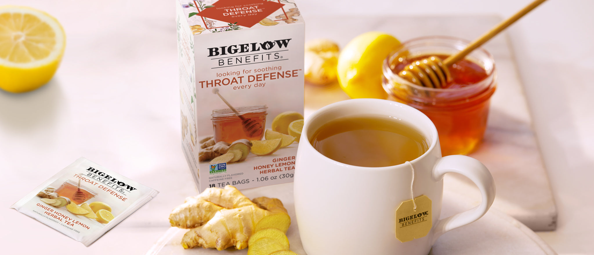 Bigelow Benefits  THROAT DEFENSE Ginger Honey Lemon Herbal Tea