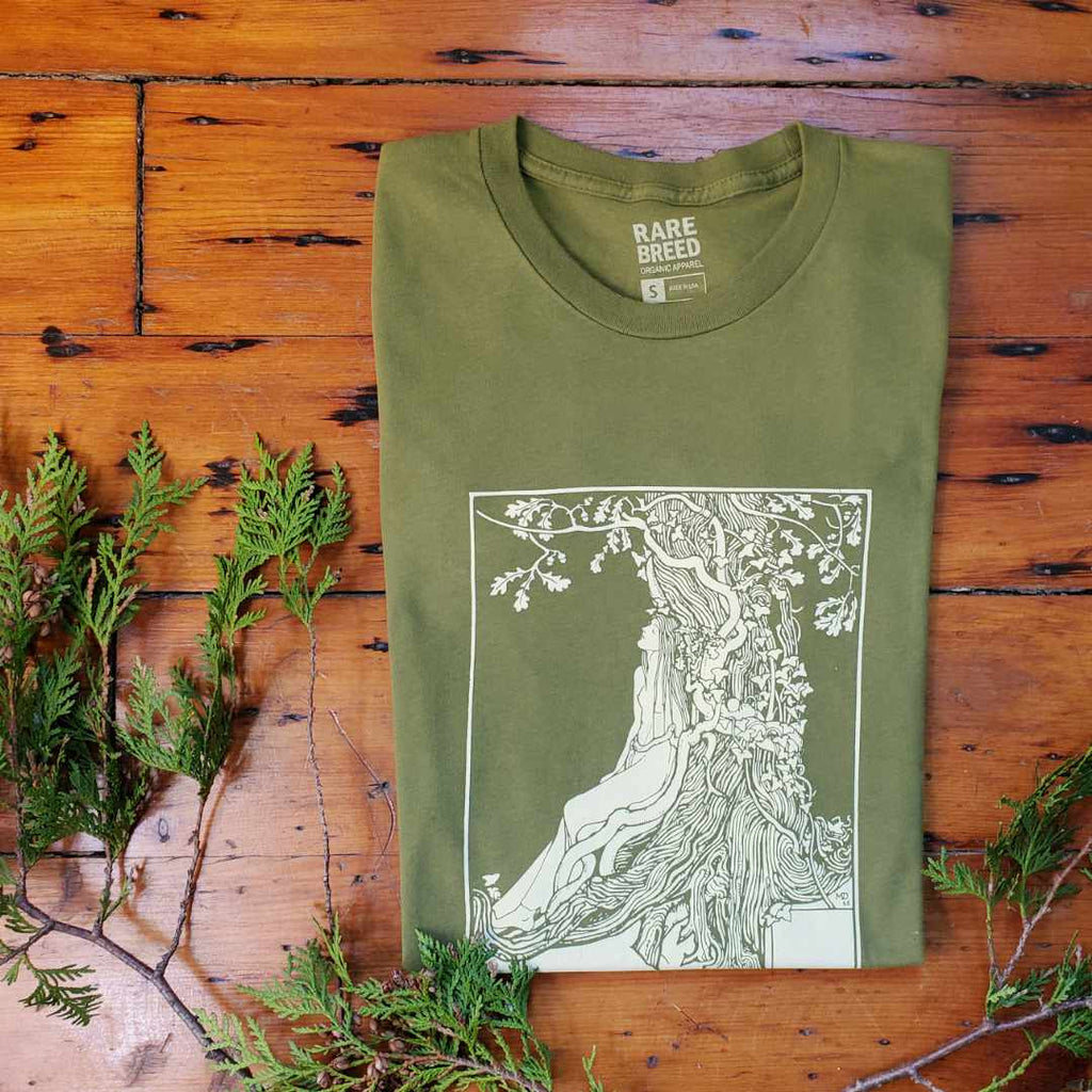 The Dryad Organic T-shirt by Rare Breed is a graphic tee featuring a white line drawing on an olive green t-shirt.