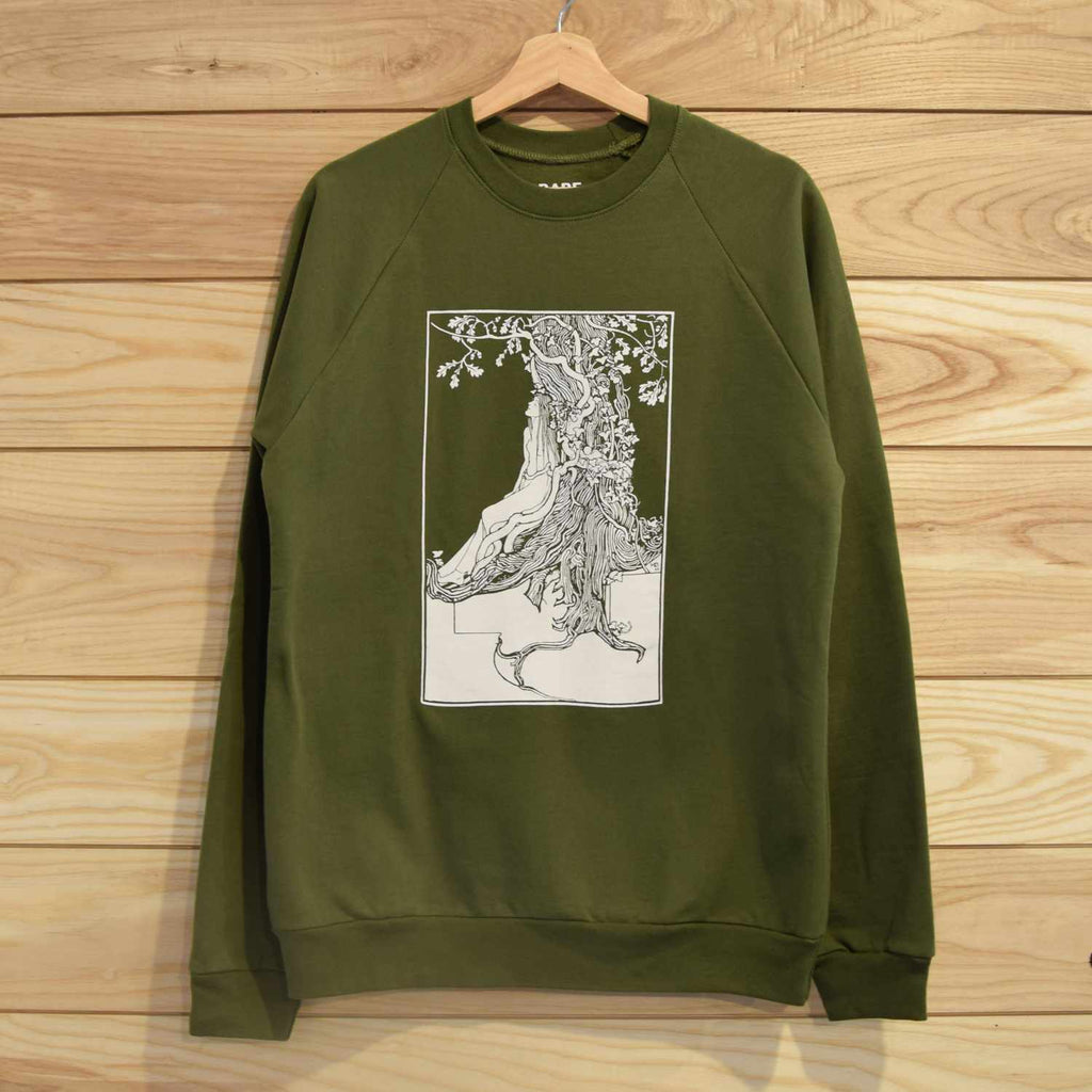 Rare Breed's olive green organic sweatshirt featuring "The Dryad" (woman and tree)