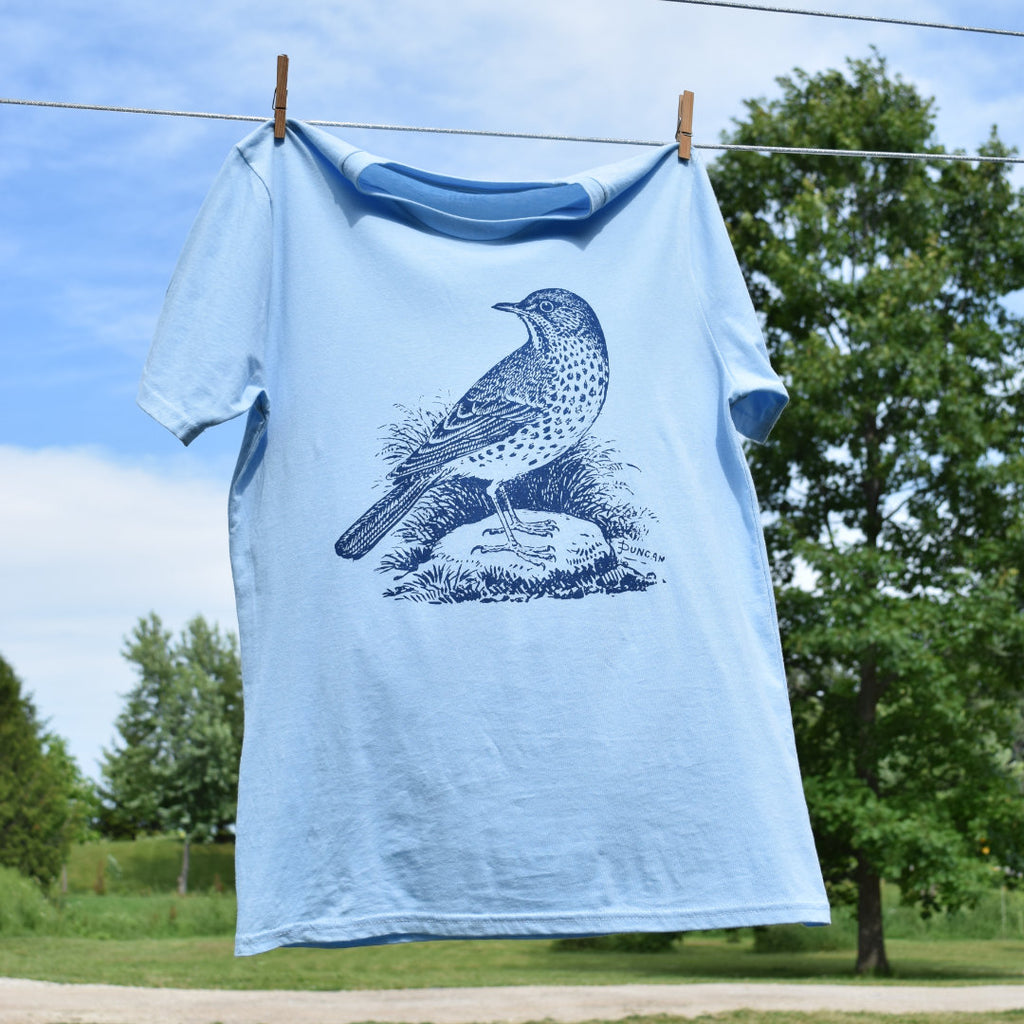 Rare Breed Organic Apparel's Song Thrush Organic T-Shirt in sky blue