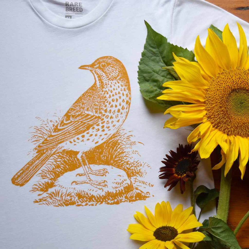Rare Breed Organic Apparel's Song Thrush Organic T-shirt.  Designed in Canada and manufactured in the USA using 100% organic cotton.