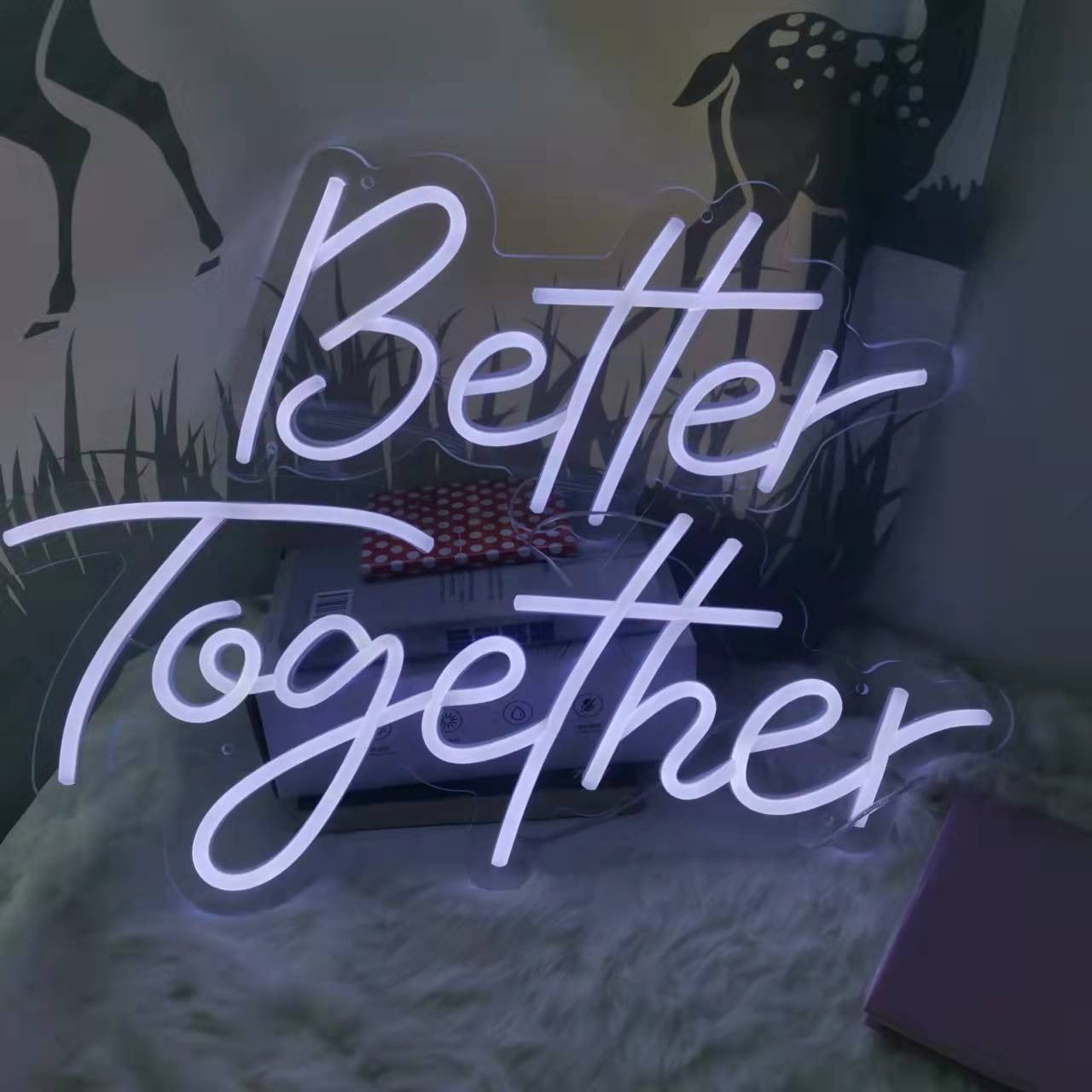 Basic font neon sign "Better Together"  in cold tone