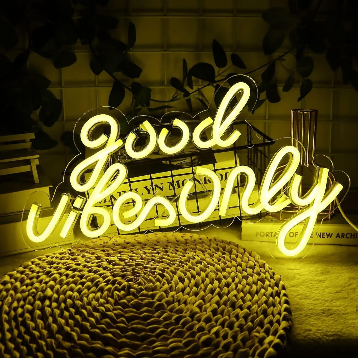 Yellow “Good Vibes Only” neon sign