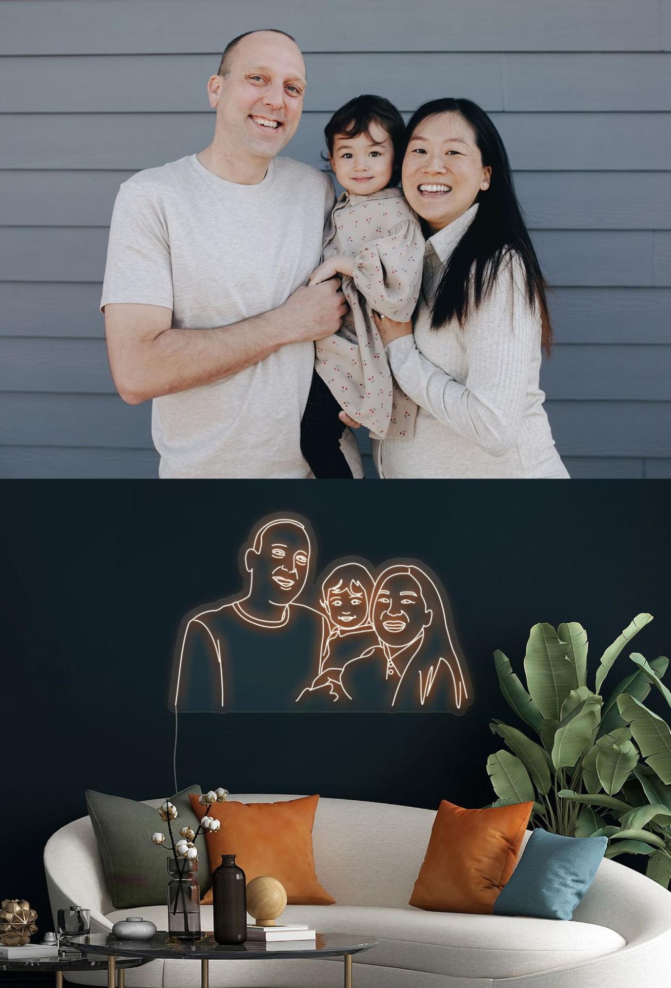 A customized family photo neon sign