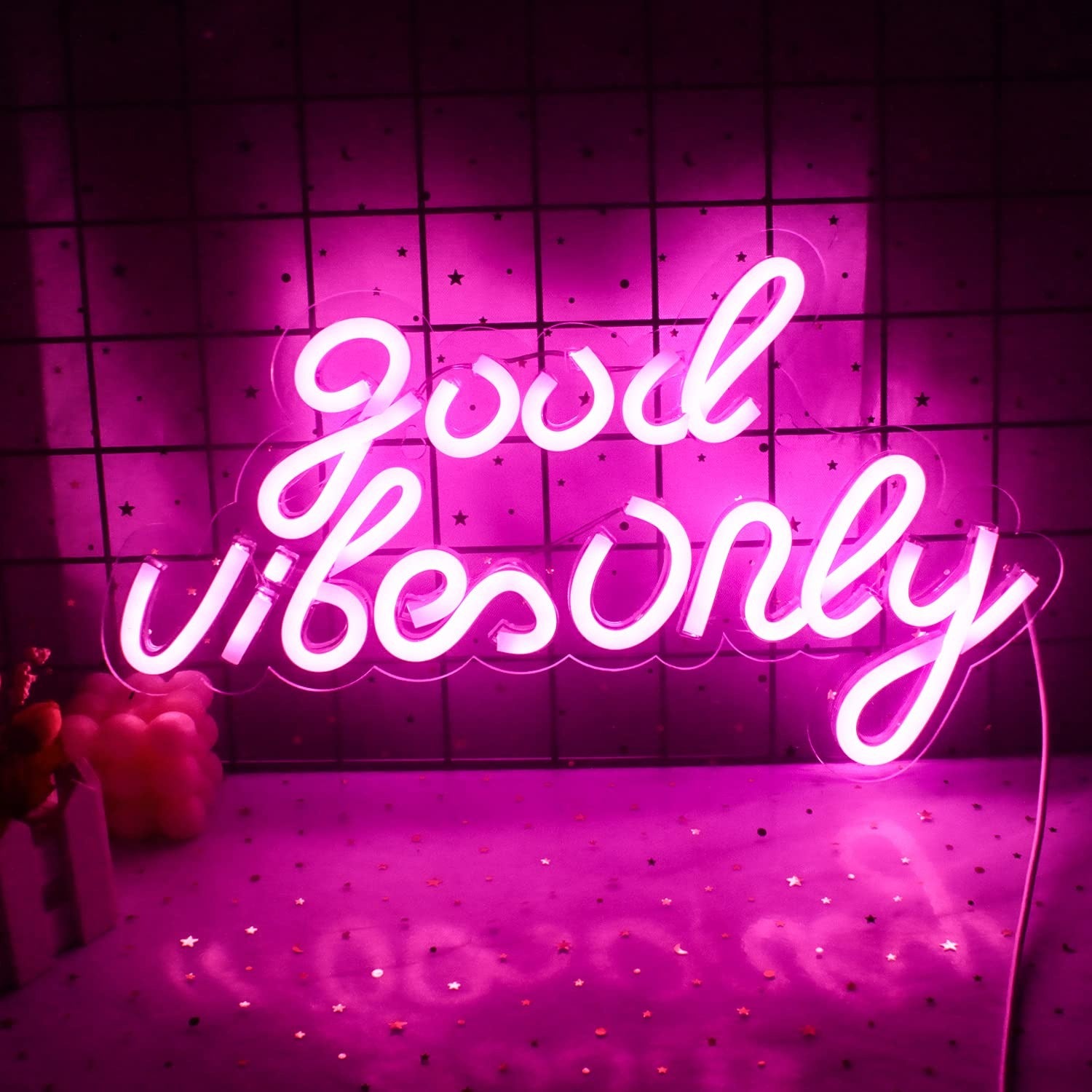 “Good Vibes Only” neon sign is a cost-effective option