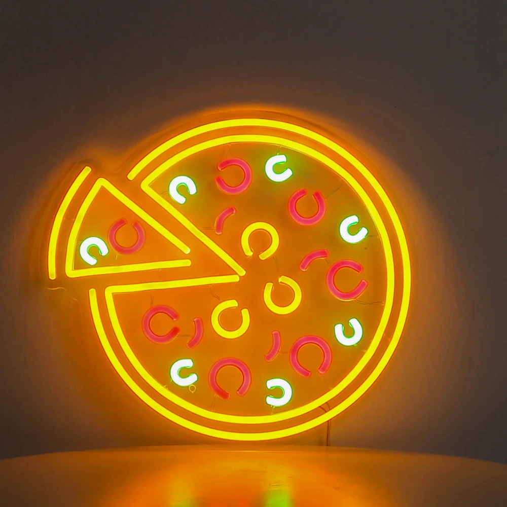A neon sign advertising a pizza